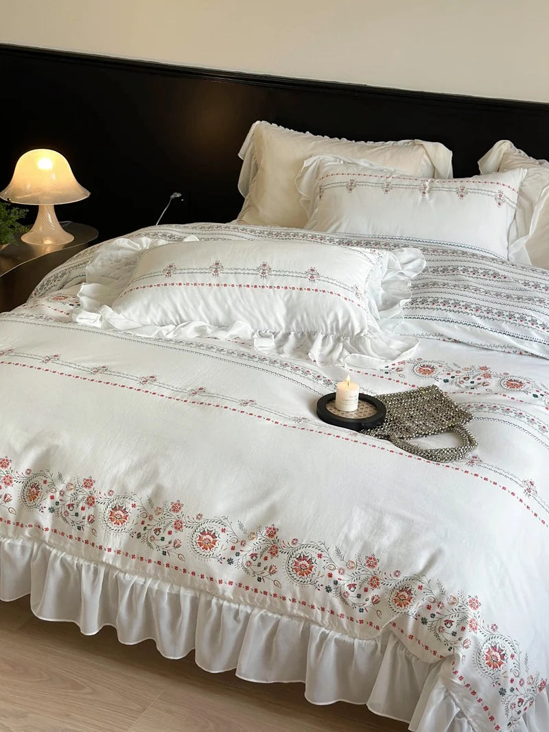 Bedding Set Washed Cotton Ruffled Trim & Floral Embroidery