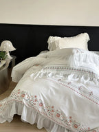Bedding Set Washed Cotton Ruffled Trim & Floral Embroidery
