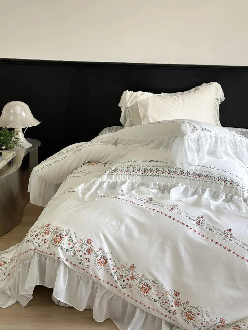 Bedding Set Washed Cotton Ruffled Trim & Floral Embroidery