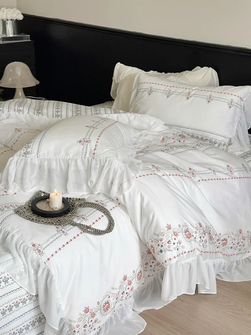 Bedding Set Washed Cotton Ruffled Trim & Floral Embroidery