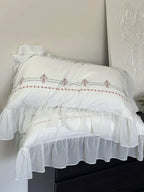 Bedding Set Washed Cotton Ruffled Trim & Floral Embroidery