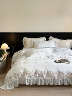 Bedding Set Washed Cotton Ruffled Trim & Floral Embroidery