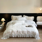 Bedding Set Washed Cotton Ruffled Trim & Floral Embroidery