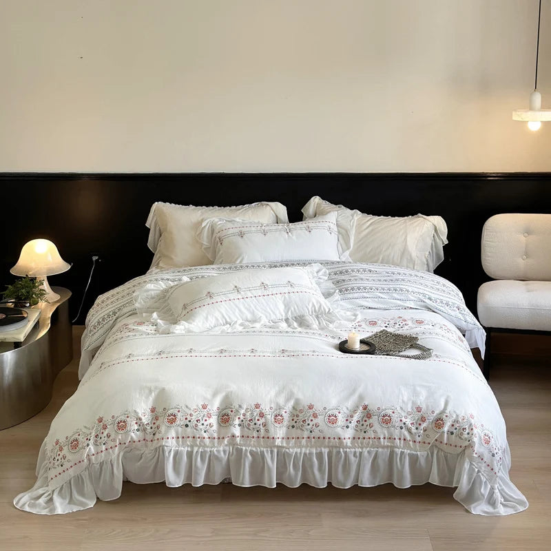 Bedding Set Washed Cotton Ruffled Trim & Floral Embroidery
