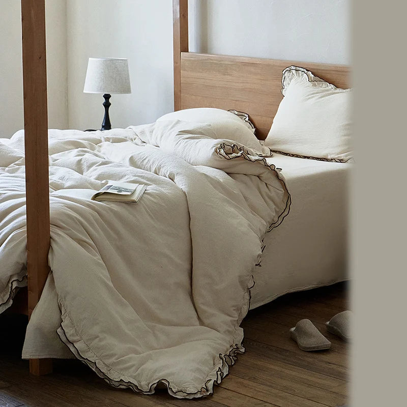 Bedding Set Washed Linen-Cotton Breathable Edge Ruffle
