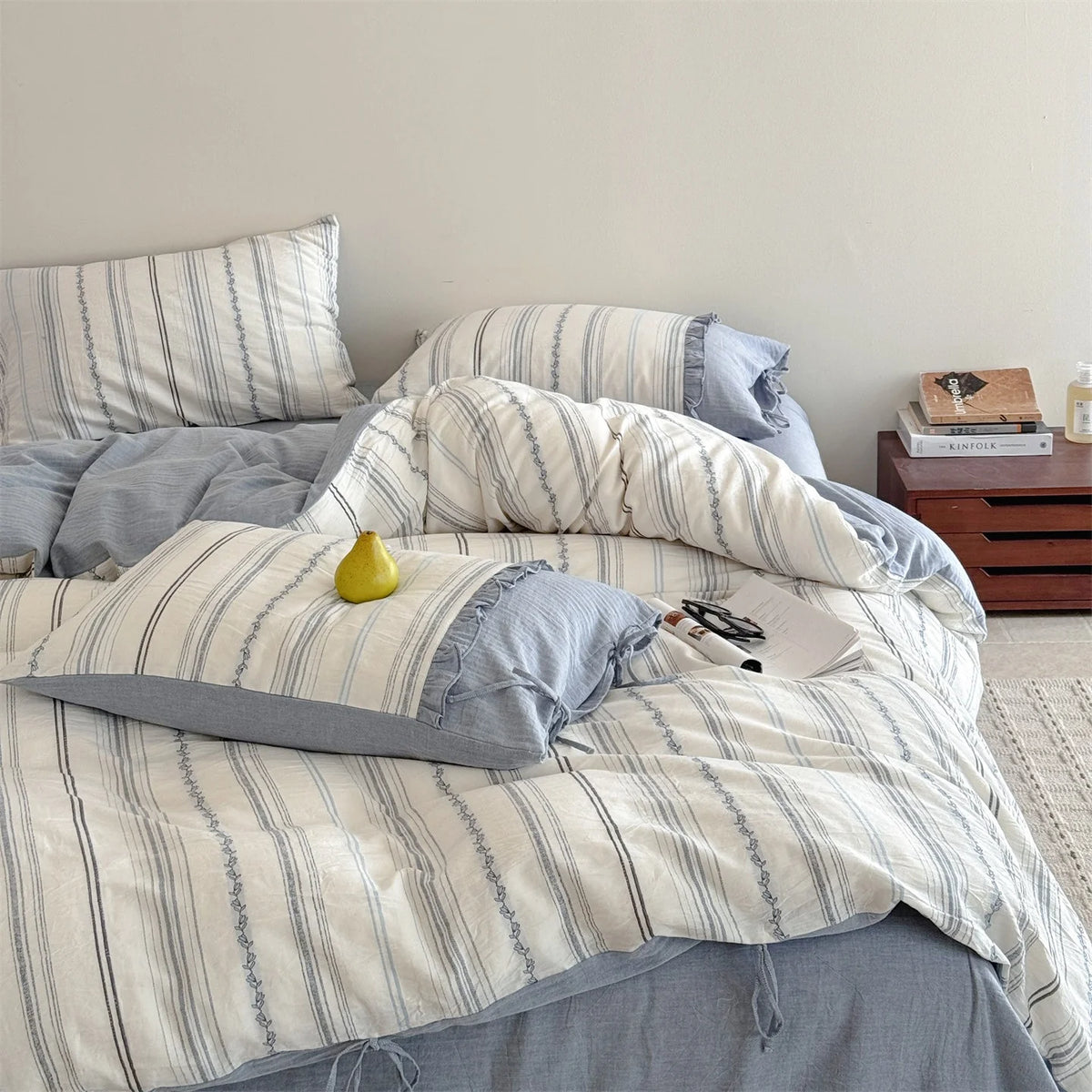 Bedding Set Washed Linen-Cotton Breathable Tie Pillowcases