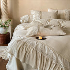 Bedding Set Washed Linen Ruffle & Lace Trim