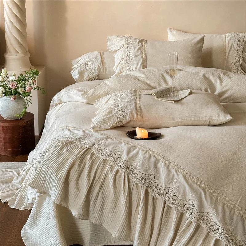 Bedding Set Washed Linen Ruffle & Lace Trim