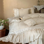 Bedding Set Washed Linen Ruffle & Lace Trim