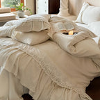 Bedding Set Washed Linen Ruffle & Lace Trim