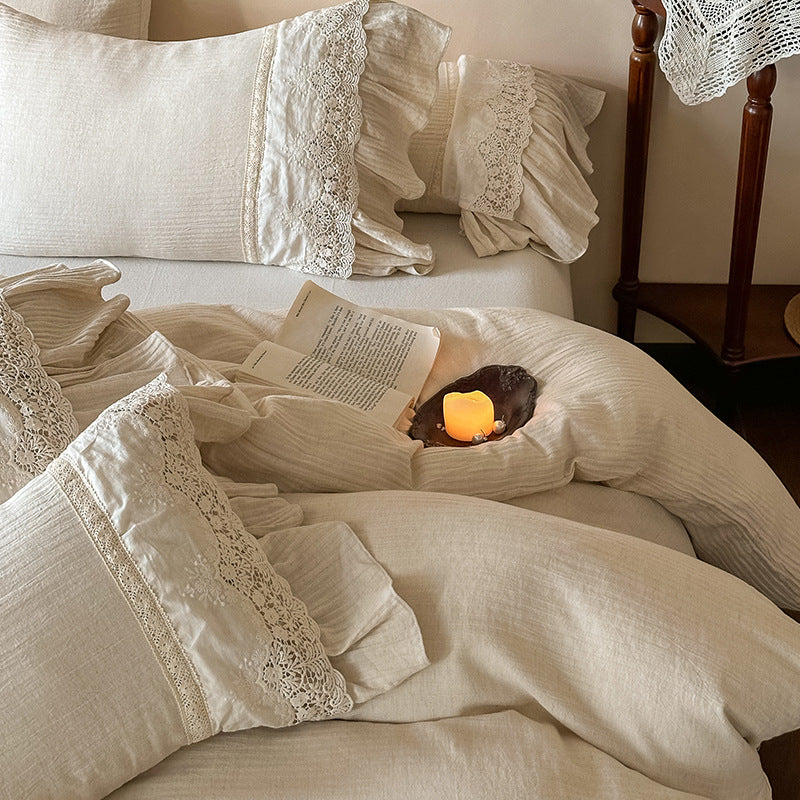 Bedding Set Washed Linen Ruffle & Lace Trim
