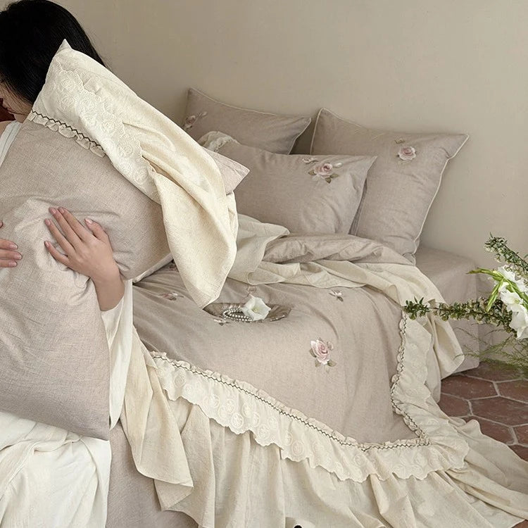 Bedding & Throw Set Cotton-Linen Rose Embroidery