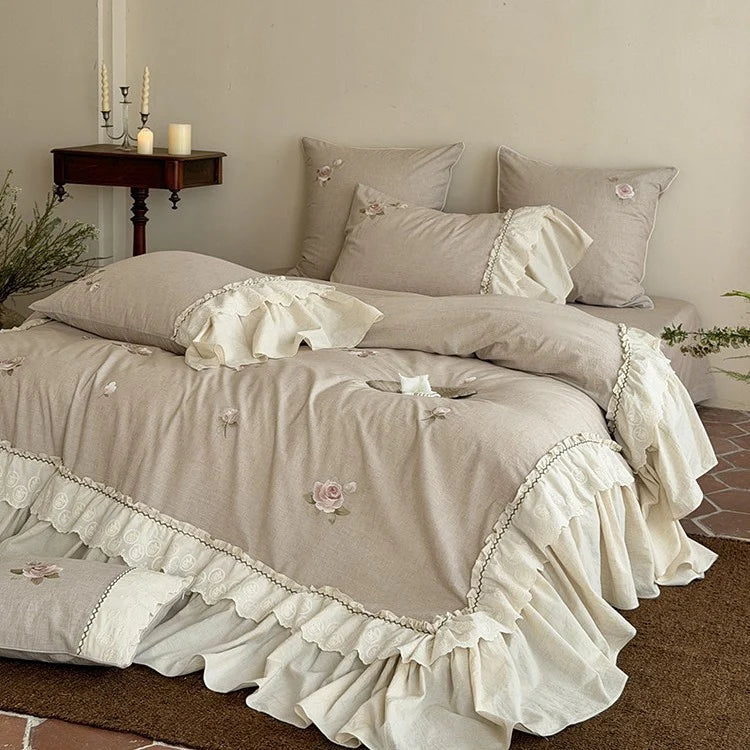 Bedding & Throw Set Cotton-Linen Rose Embroidery