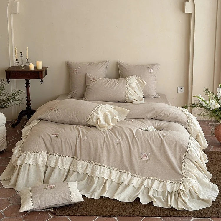 Bedding & Throw Set Cotton-Linen Rose Embroidery