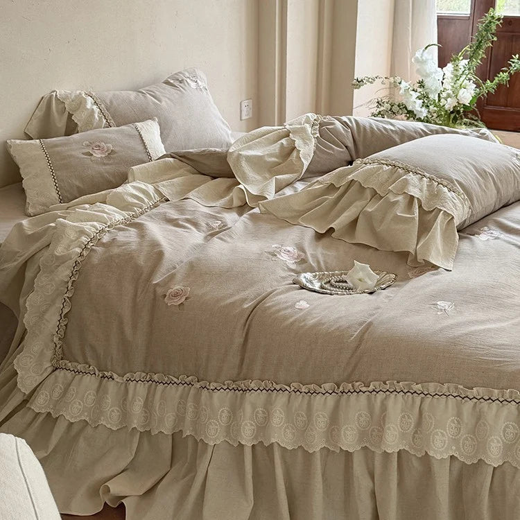 Bedding & Throw Set Cotton-Linen Rose Embroidery