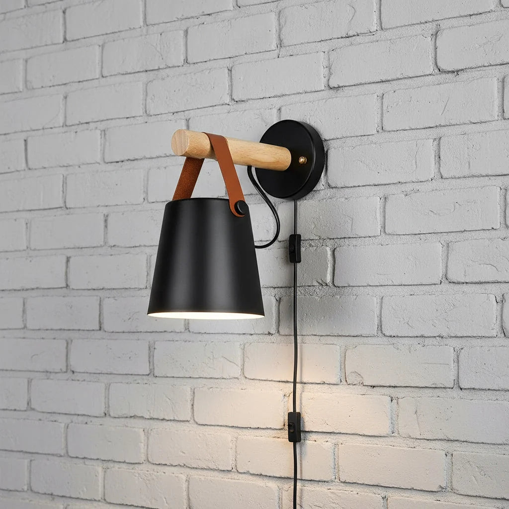 Bedroom Wall Lamp Natural Wood Plug-In Or Hardwired