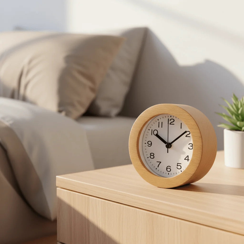 Bedside Alarm Clock Wooden Silent Quartz Movement & Large Numbers