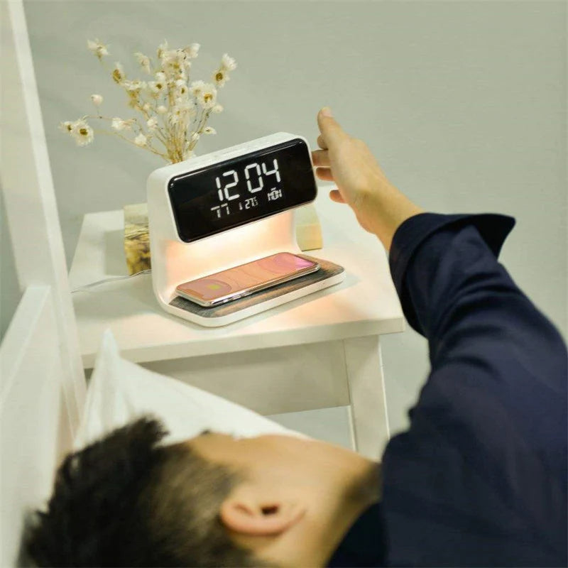 Bedside Lamp Dimmable LED Wireless Charger LCD Alarm Clock