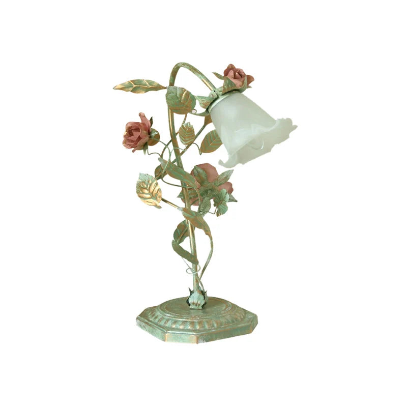 Bedside Lamp Hand-Painted Floral Metal & Glass