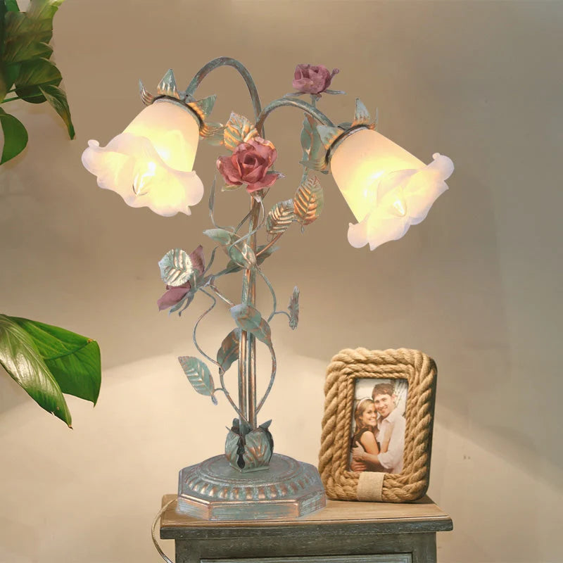 Bedside Lamp Hand-Painted Floral Metal & Glass