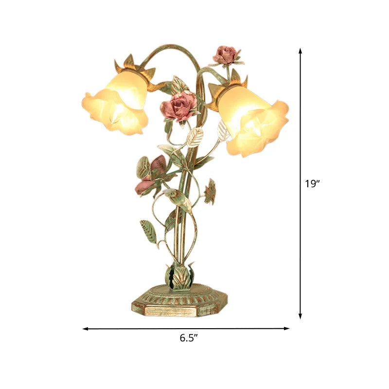 Bedside Lamp Hand-Painted Floral Metal & Glass