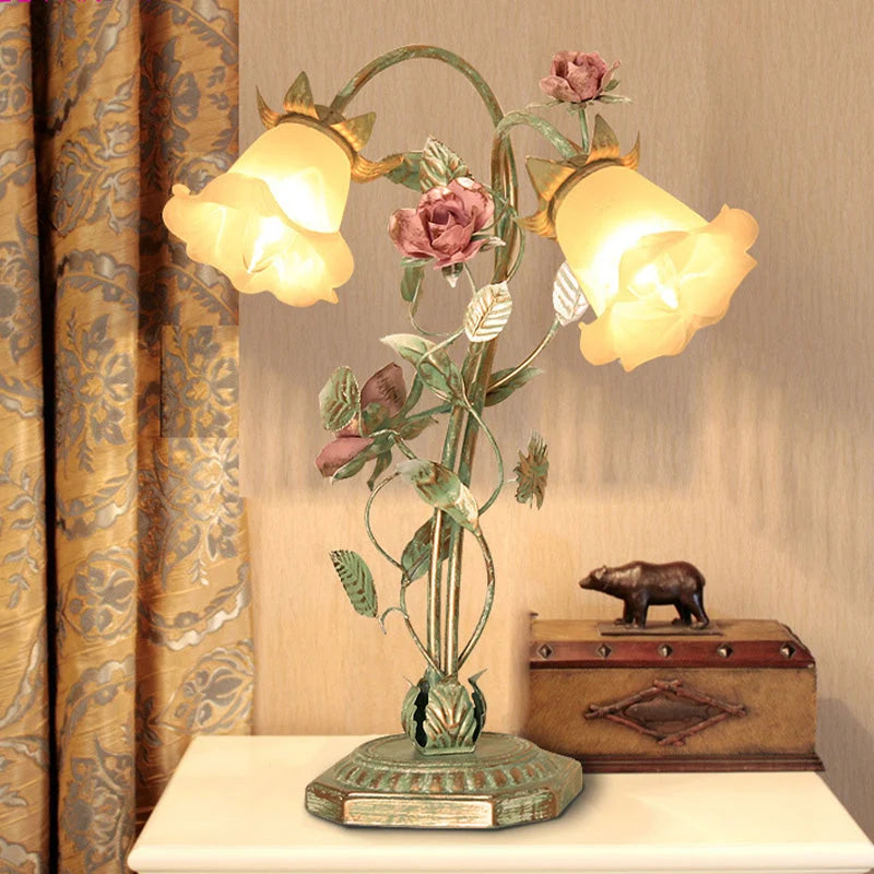 Bedside Lamp Hand-Painted Floral Metal & Glass