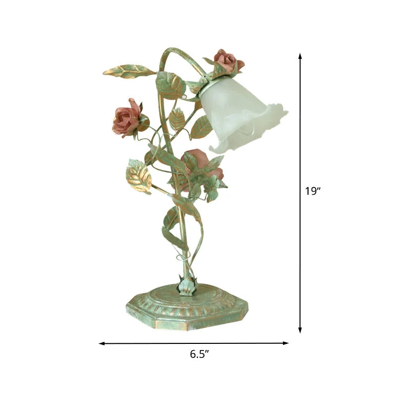 Bedside Lamp Hand-Painted Floral Metal & Glass