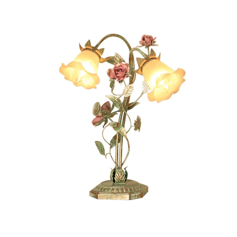 Bedside Lamp Hand-Painted Floral Metal & Glass