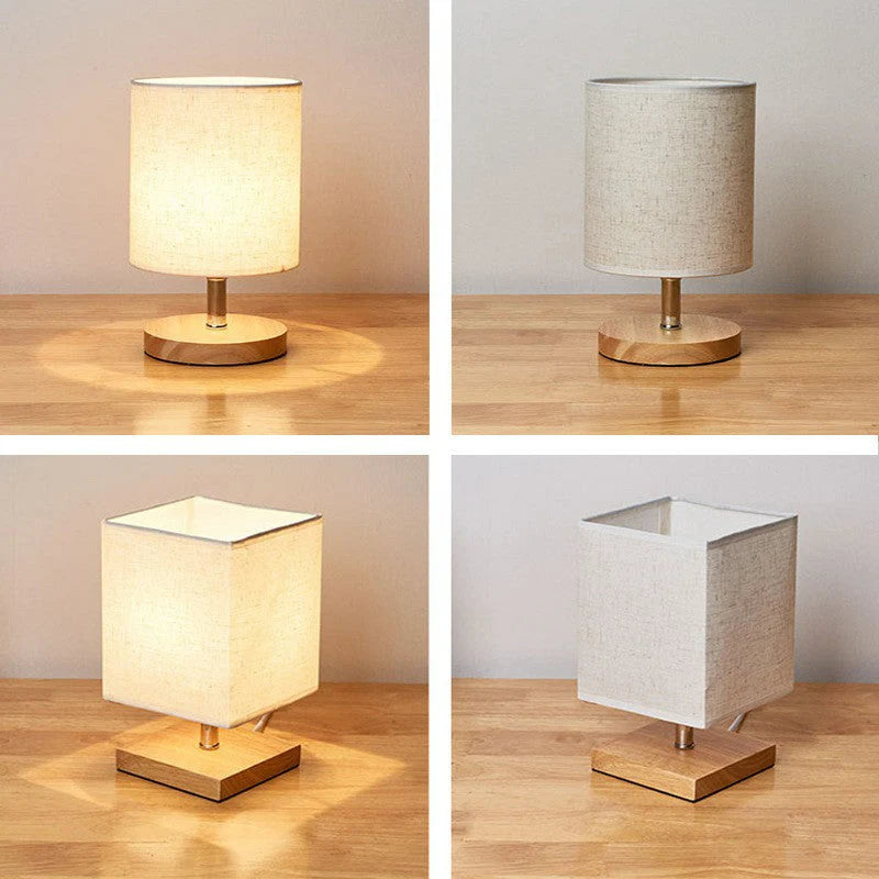 Bedside Table Lamp Wood Base & Flax Shade 25cm