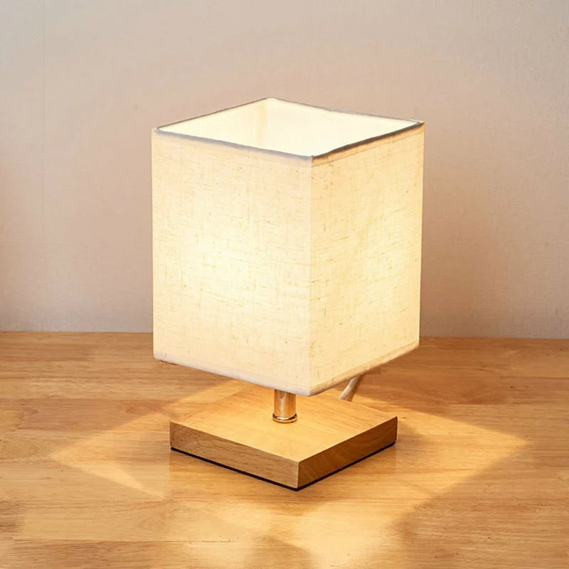 Bedside Table Lamp Wood Base & Flax Shade 25cm