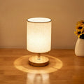 Bedside Table Lamp Wood Base & Flax Shade 25cm