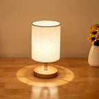 Bedside Table Lamp Wood Base & Flax Shade 25cm