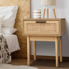 Bedside Table Rattan Drawer & Solid Wood Legs