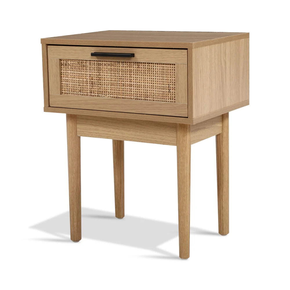 Bedside Table Rattan Drawer & Solid Wood Legs