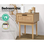 Bedside Table Rattan Drawer & Solid Wood Legs
