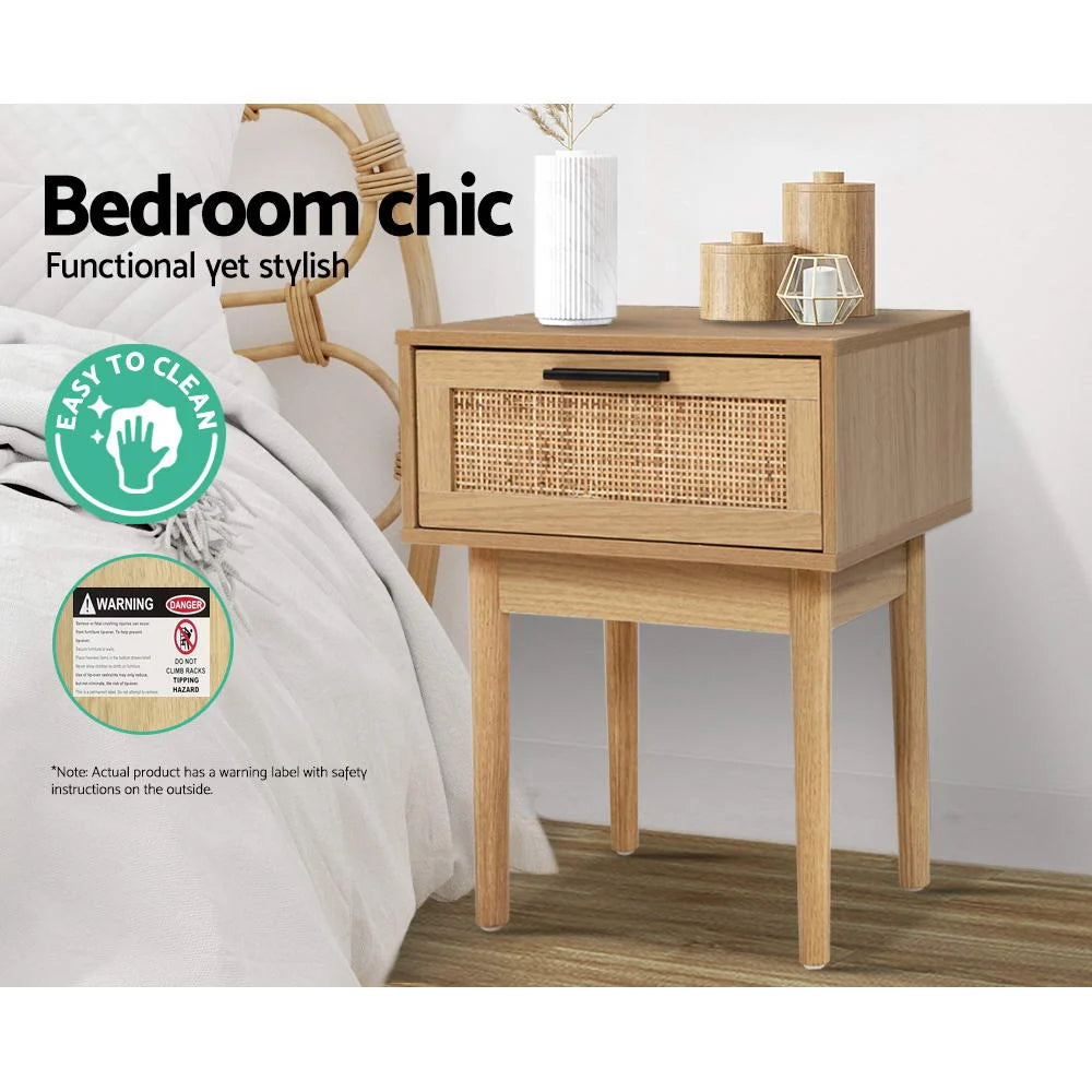 Bedside Table Rattan Drawer & Solid Wood Legs