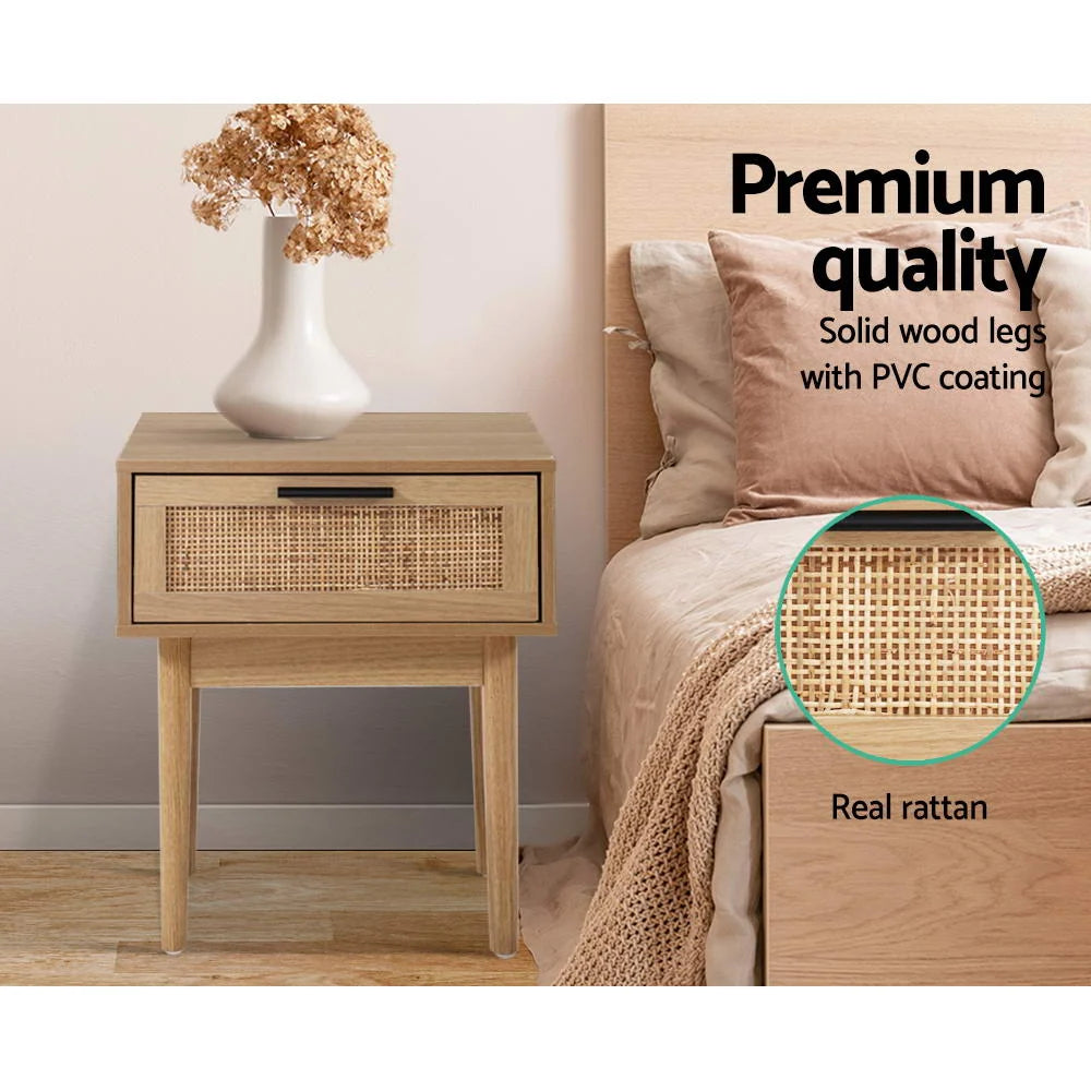 Bedside Table Rattan Drawer & Solid Wood Legs