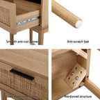Bedside Table Rattan Drawer & Solid Wood Legs