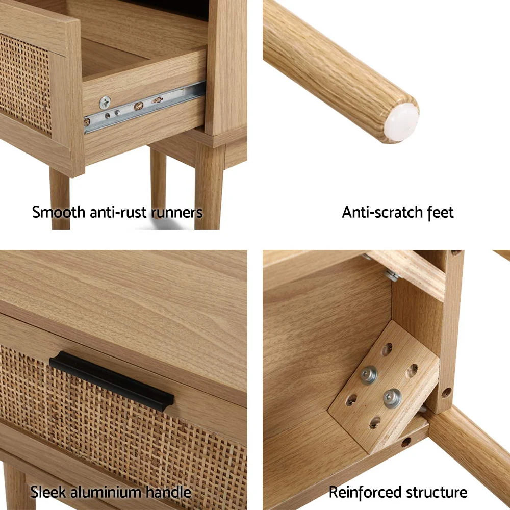 Bedside Table Rattan Drawer & Solid Wood Legs