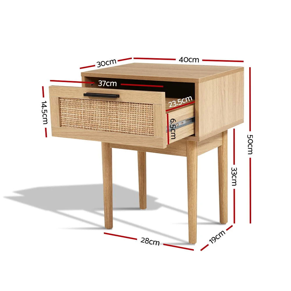 Bedside Table Rattan Drawer & Solid Wood Legs