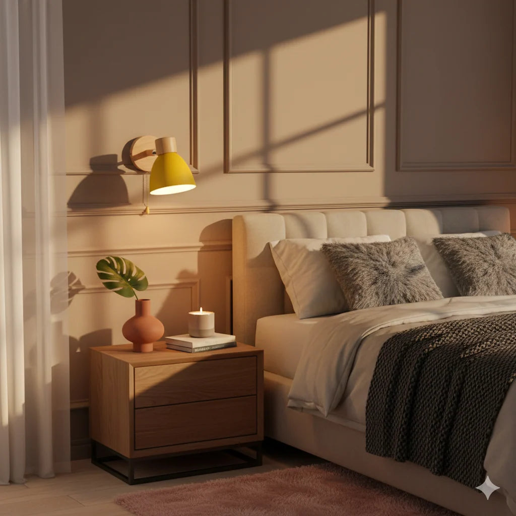 Bedside Wall Sconce Adjustable Swivel Arm Wood Base