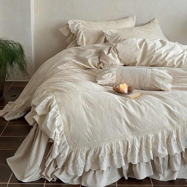 Bedspread 4-Piece Cotton-Linen Ruffle & Lace Trim