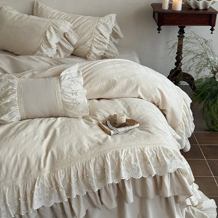 Bedspread 4-Piece Cotton-Linen Ruffle & Lace Trim