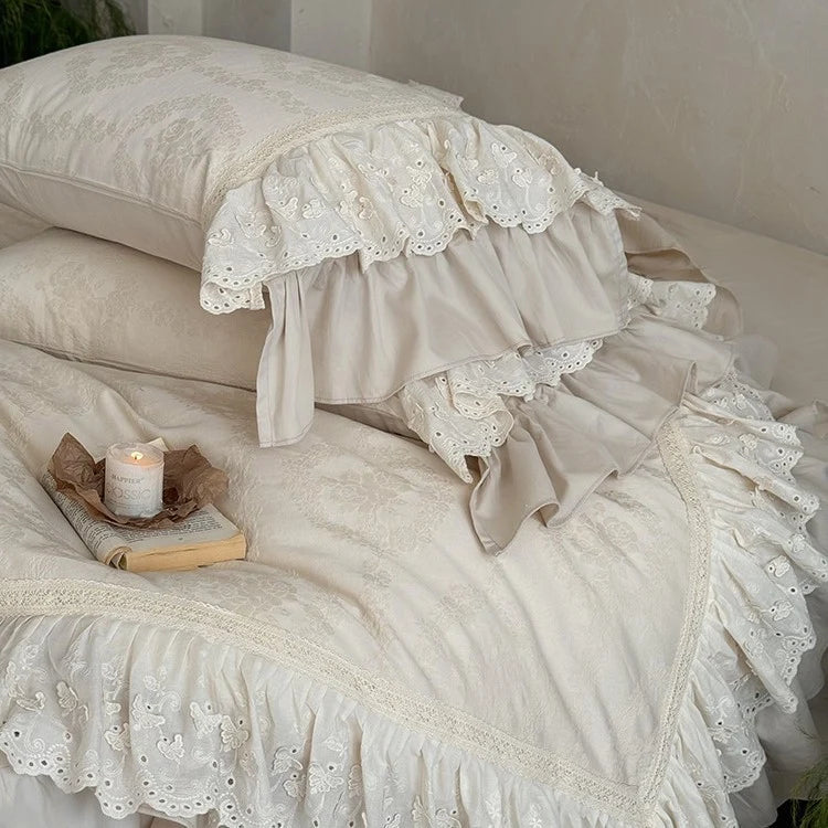 Bedspread 4-Piece Cotton-Linen Ruffle & Lace Trim