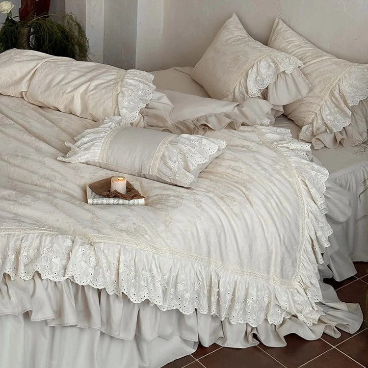 Bedspread 4-Piece Cotton-Linen Ruffle & Lace Trim