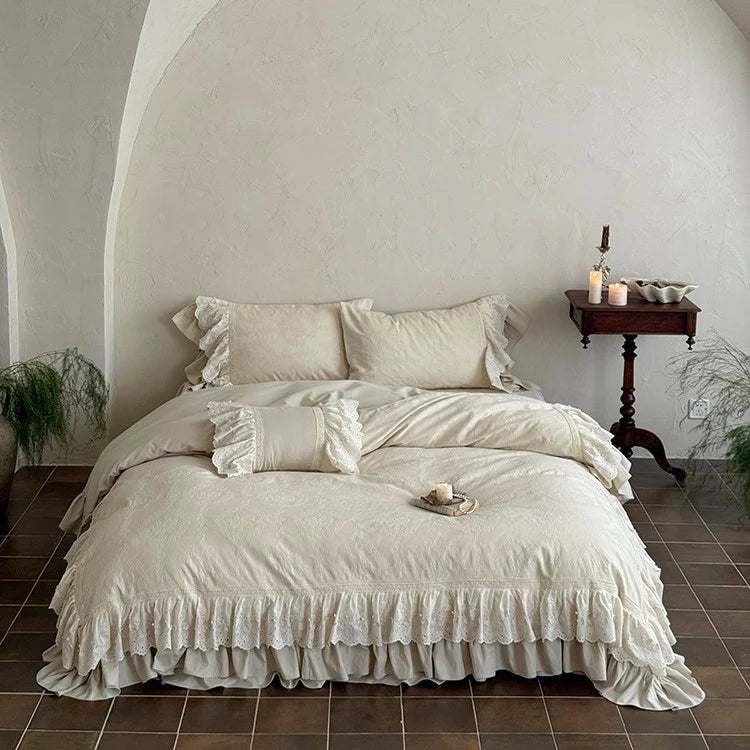 Bedspread 4-Piece Cotton-Linen Ruffle & Lace Trim