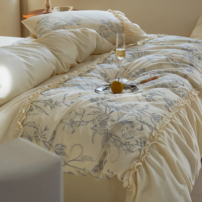 Bedspread & Pillow Set Floral Ruffle Cotton Blend 4-Piece