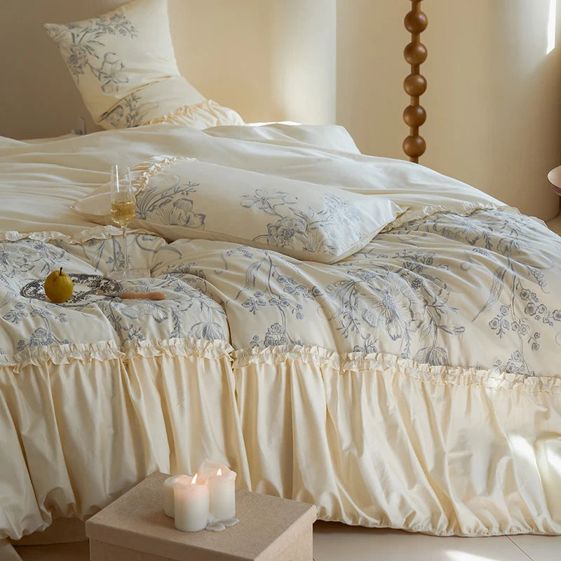 Bedspread & Pillow Set Floral Ruffle Cotton Blend 4-Piece