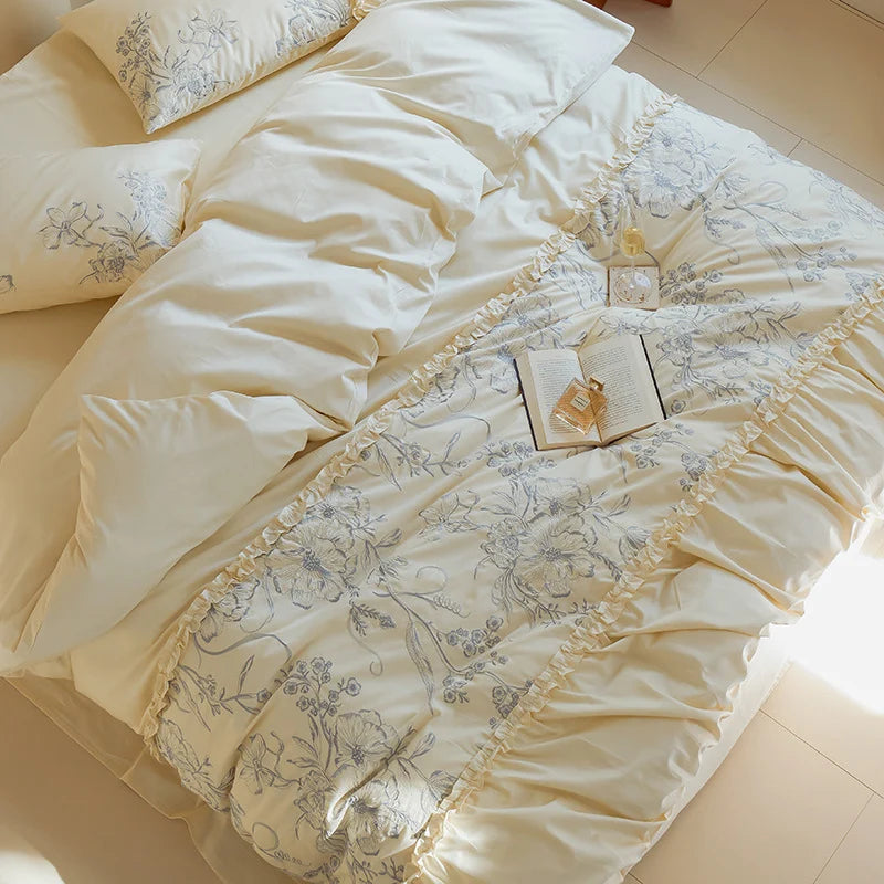 Bedspread & Pillow Set Floral Ruffle Cotton Blend 4-Piece