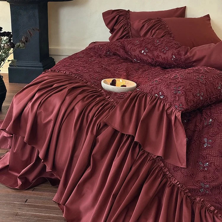 Bedspread & Pillowcase Set 3D Floral Embroidery Velvety Satin